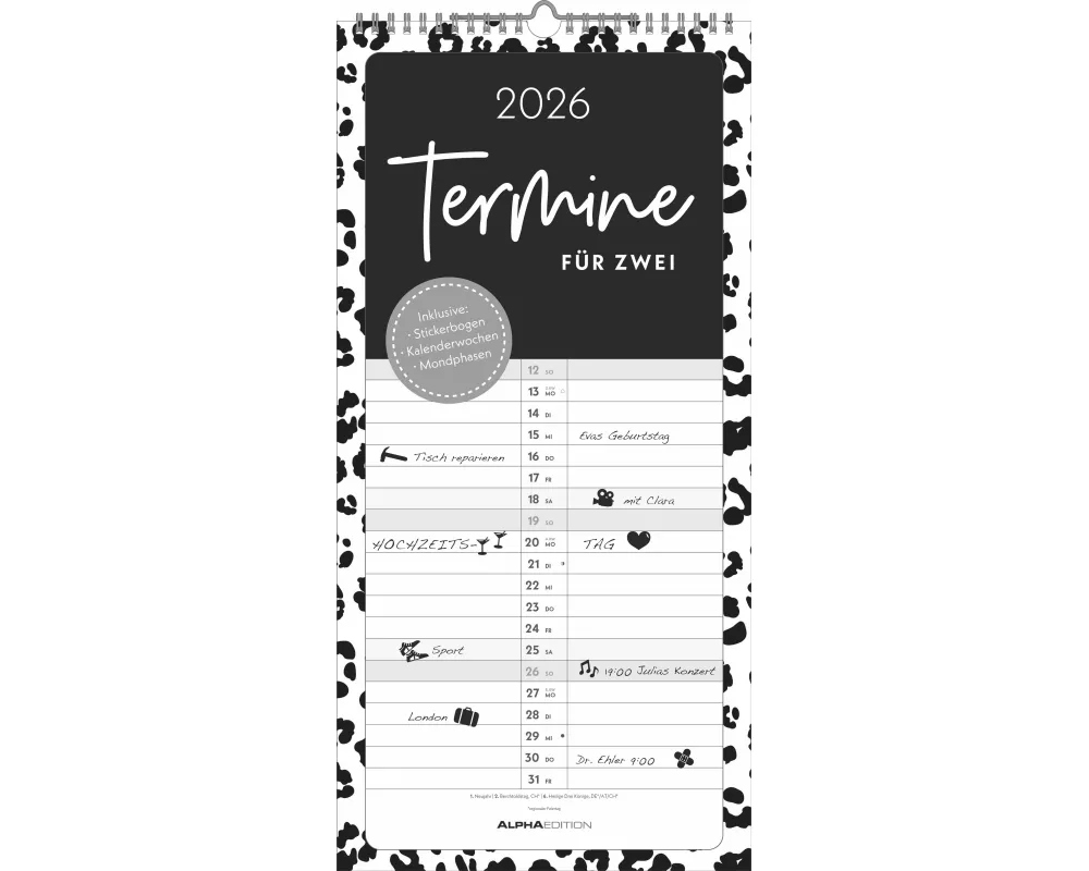Alpha Edition - Termine für 2 Black and White Kalender 2026 – 22x45 cm – Familienplaner mit 2 Spalten – Inkl. Sticker – Praktischer Terminplaner für P