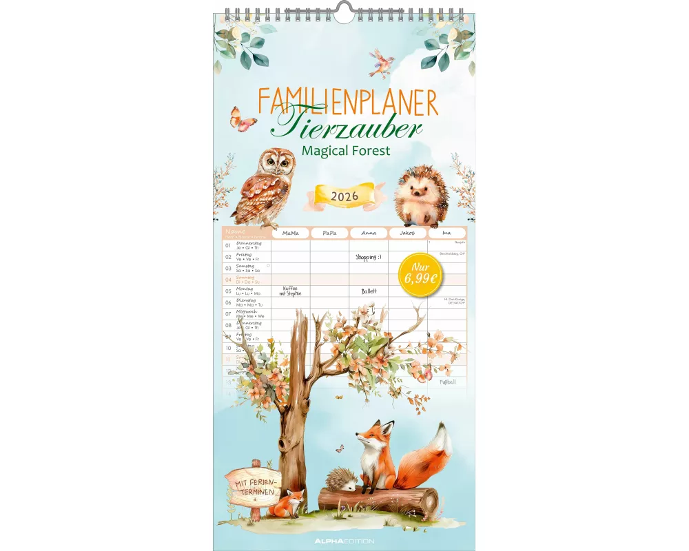 Alpha Edition - Familienplaner Tierzauber 2026 – Familienkalender 22×45 cm mit 5 Spalten & liebevollen Tierillustrationen, praktischer Wandkalender fü