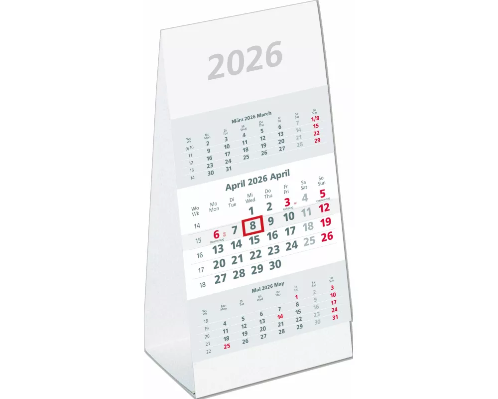 Zettler 3-Monats-Aufstellkalender 2026 – Tischkalender 11 × 21 cm, 3 Monate auf 1 Blatt mit Datumsschieber, Wochenzählung, Kopftafel & Fußleiste, Jahr