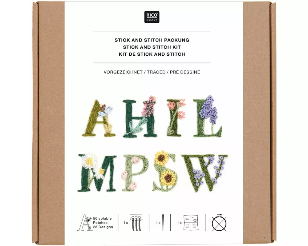 Stick & Stitch Packung Blumenalphabet, bunt, inkl. wasserlöslicher, bedruckter Stickvorlage, Stickgarn, Sticknadel und Anleitung