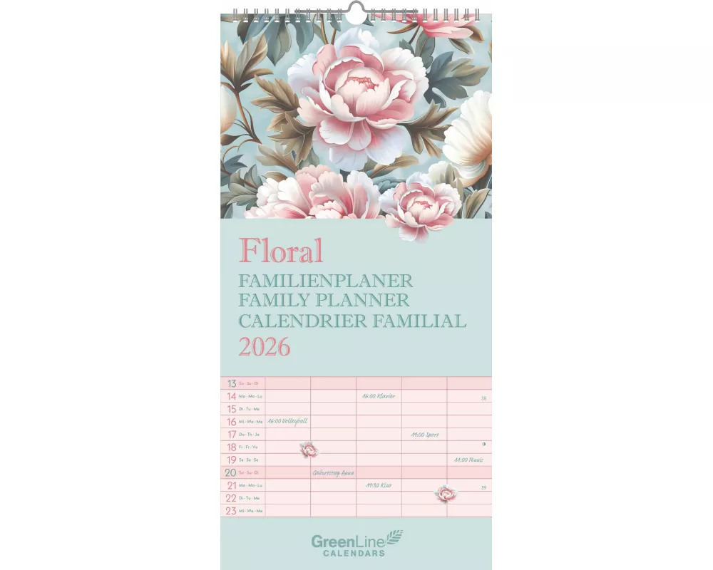 GreenLine - Floral Familienplaner 2026 – Wandkalender 22x45 cm, Familien-Kalender mit 5 Spalten, 12 floralen Monatsblättern, Stundenplänen & nachhalti