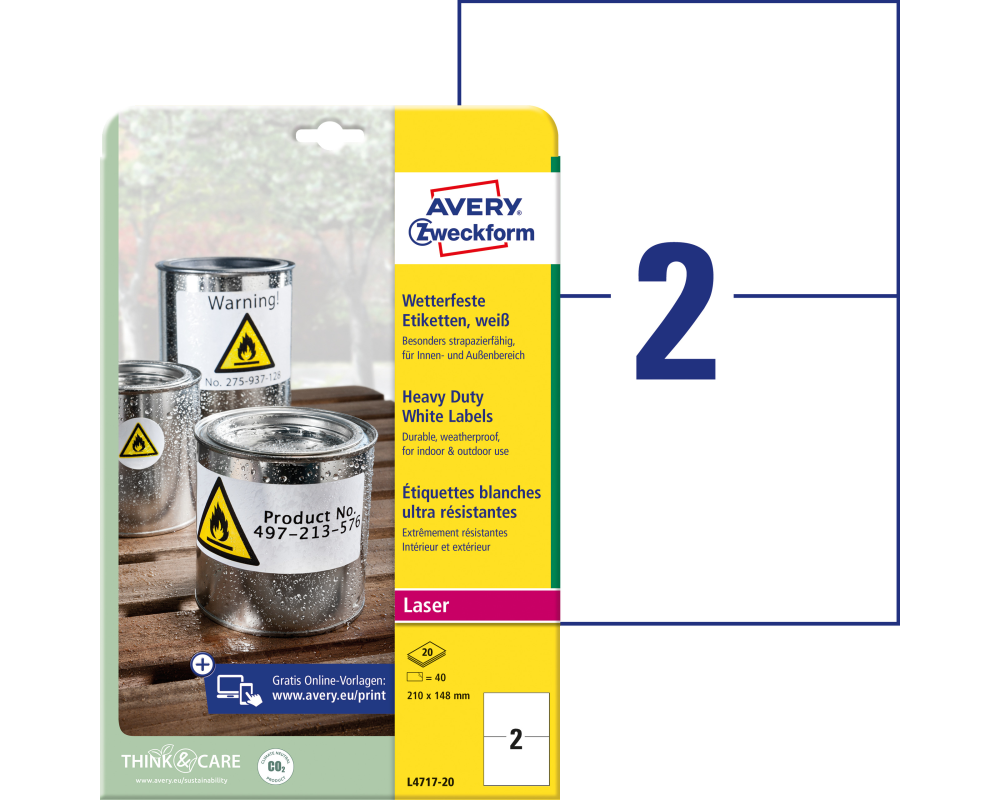 AVERY ZWECKFORM Etiketten Laser 210x148mm L471720 weiss, wetterfest 20 Blatt