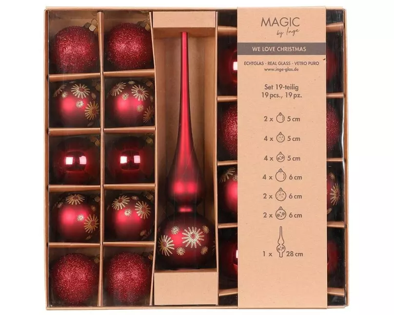 INGES CHRISTMAS DECOR Weihnachtskugel mit Baumspitze 19 Stück, Rot