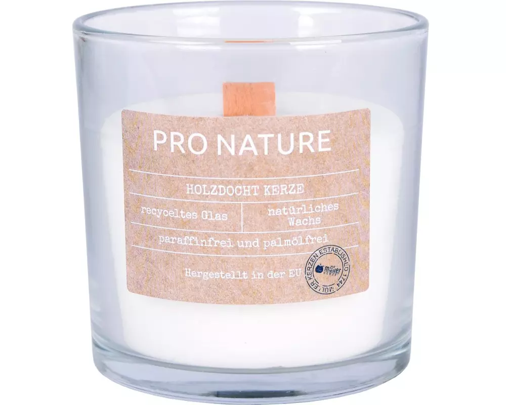 müller Kerzen Kerze im Glas mit Holzdocht 10 x 10 cm, Weiss