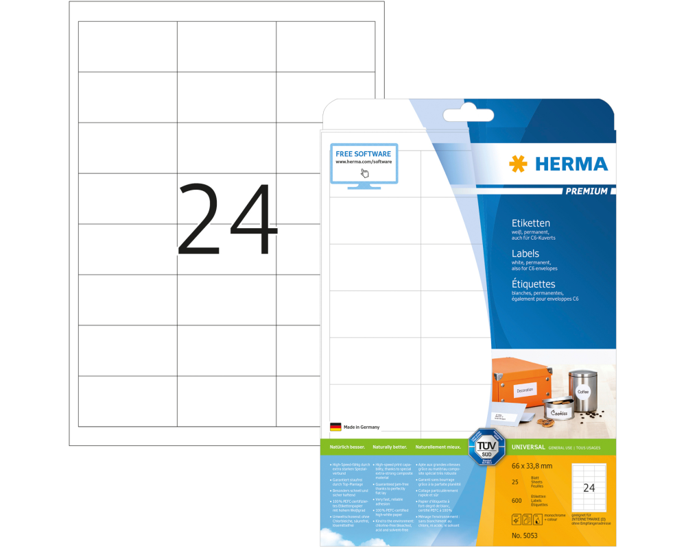 HERMA Universal-Etikett. 66,0x33,8mm 5053 weiss 600 St./25 Blatt