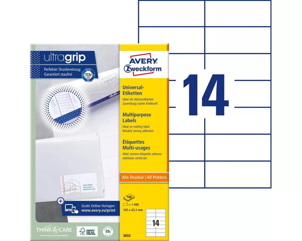 Avery Zweckform Universal-Etiketten 3653 105 x 42.3 mm, 100 Blatt