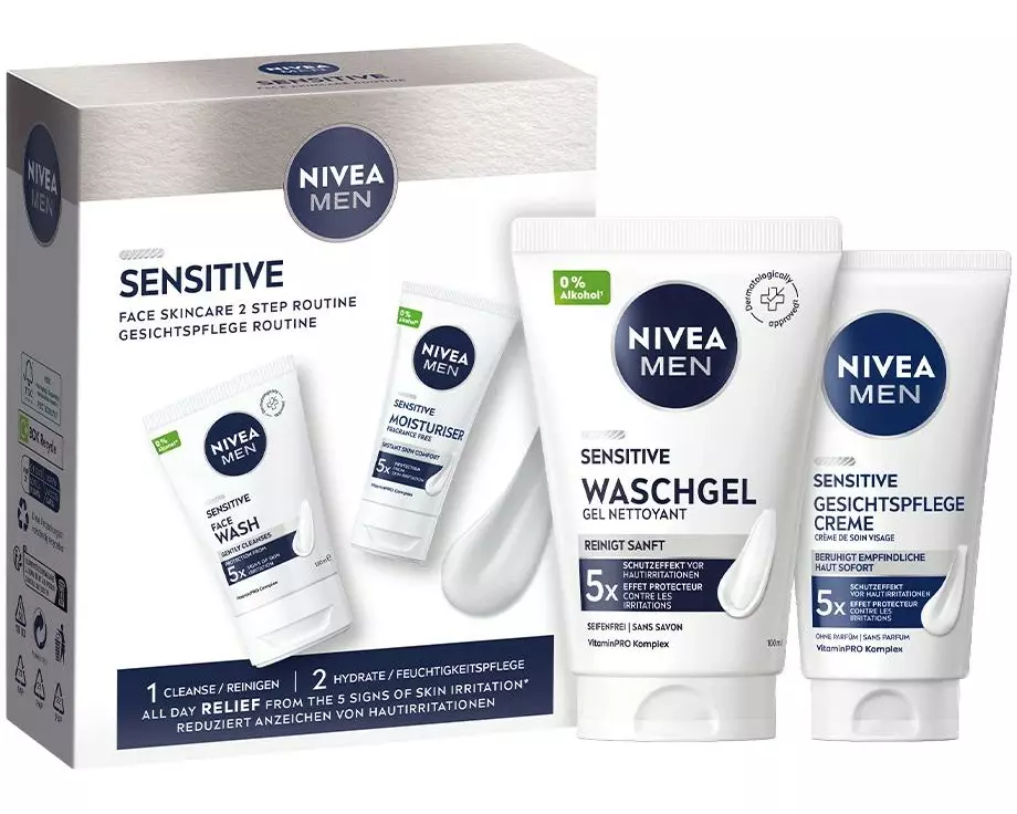 NIVEA MEN Sensitive Routine Set – Waschgel & Gesichtspflege Creme