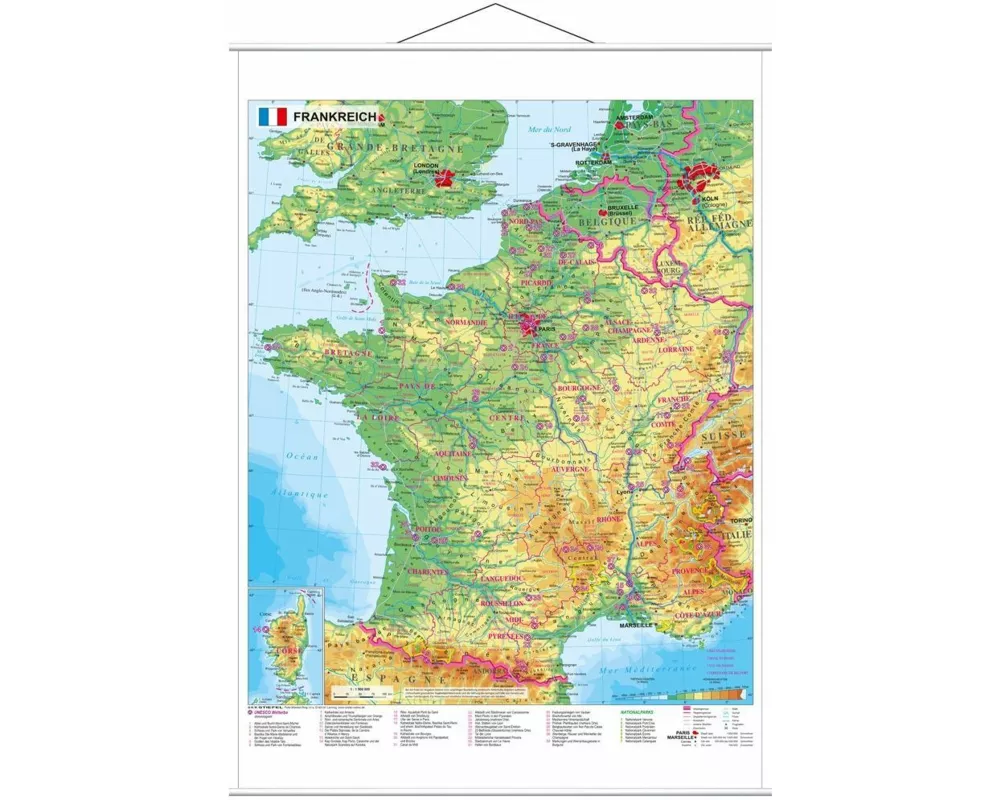 Frankreich physisch 1 : 1.500 000. Wandkarte mit Metallbeleistung