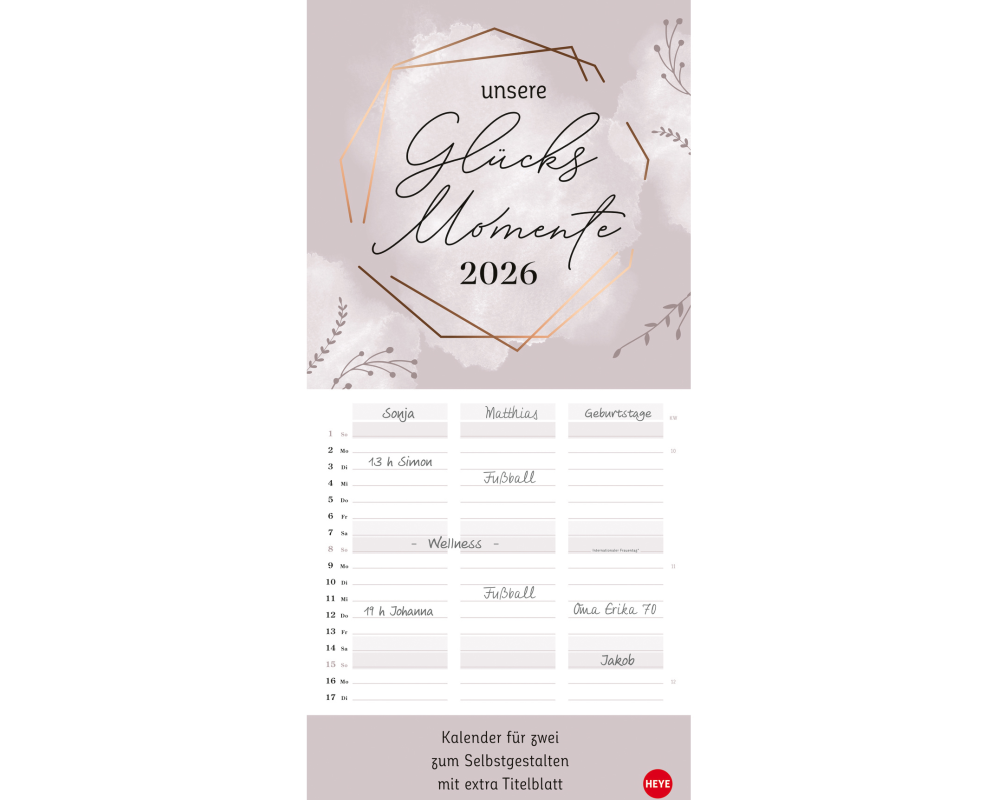 HEYE Kreativ-Planer für zwei 2026 23532+26 Glücksmomente 21x45cm
