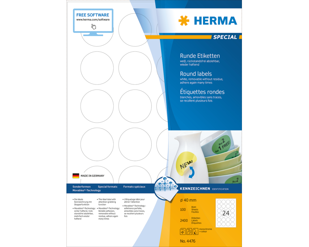 HERMA Etiketten SPECIAL 40x40mm 4476 weiss,non-perm. 2400St./100Bl.