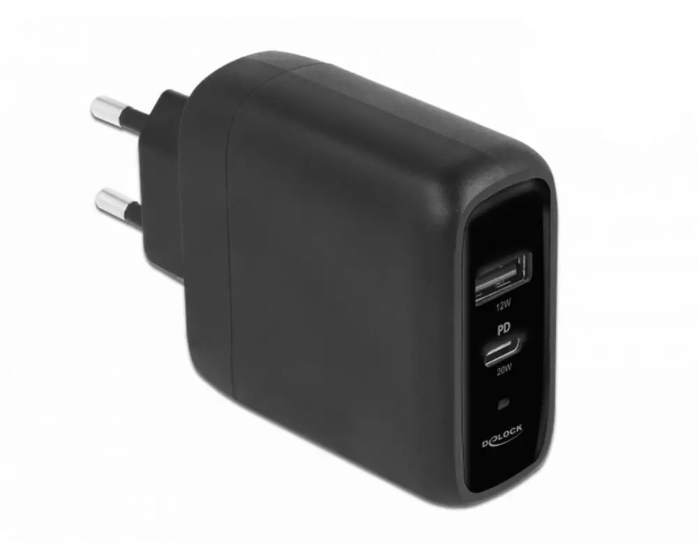 Delock USB-Wandladegerät Typ-A und Typ-C 20 W + 12 W