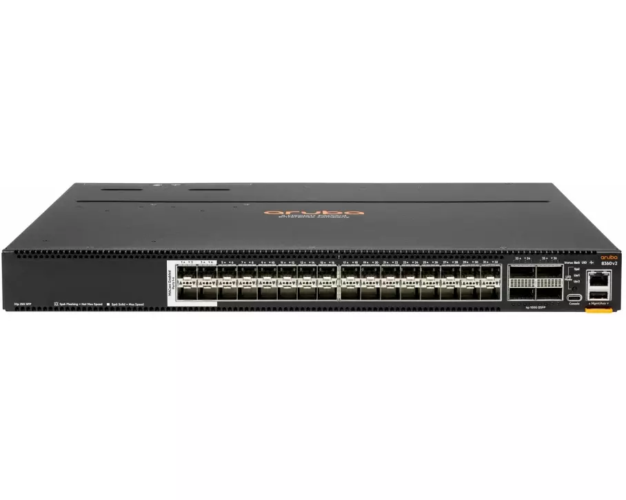 HPE Aruba 8360-32Y4C v2 Switch Bundle, 32x 25G SFP/+/28, 4x MACsec, 4x 100G QSFP+/28, Back to Front, 5x Fans, 2x PSU