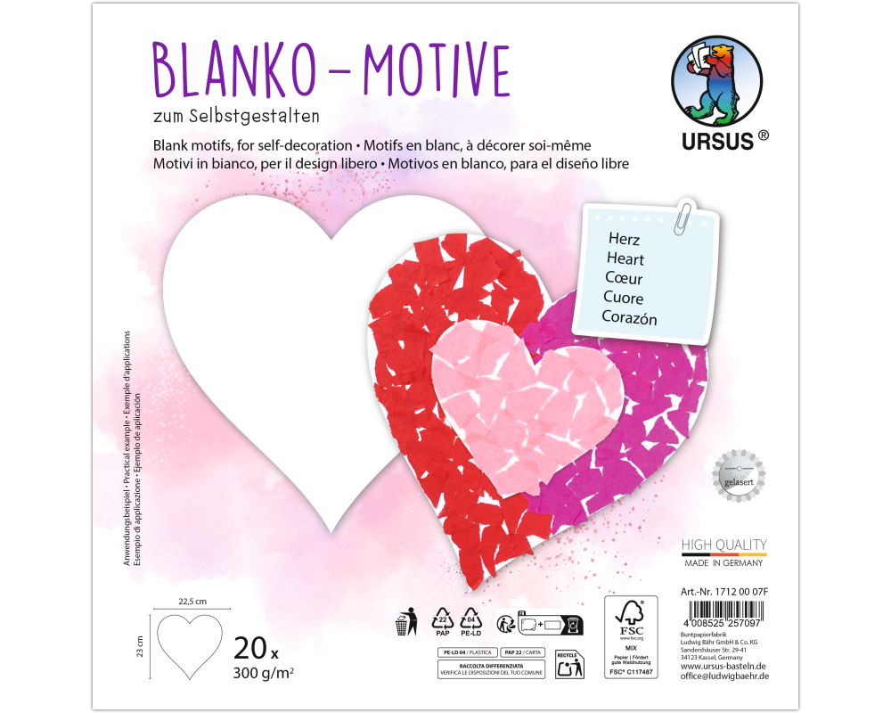 URSUS Blanko Motive 23x23cm 17120007F Herz 20 Blatt