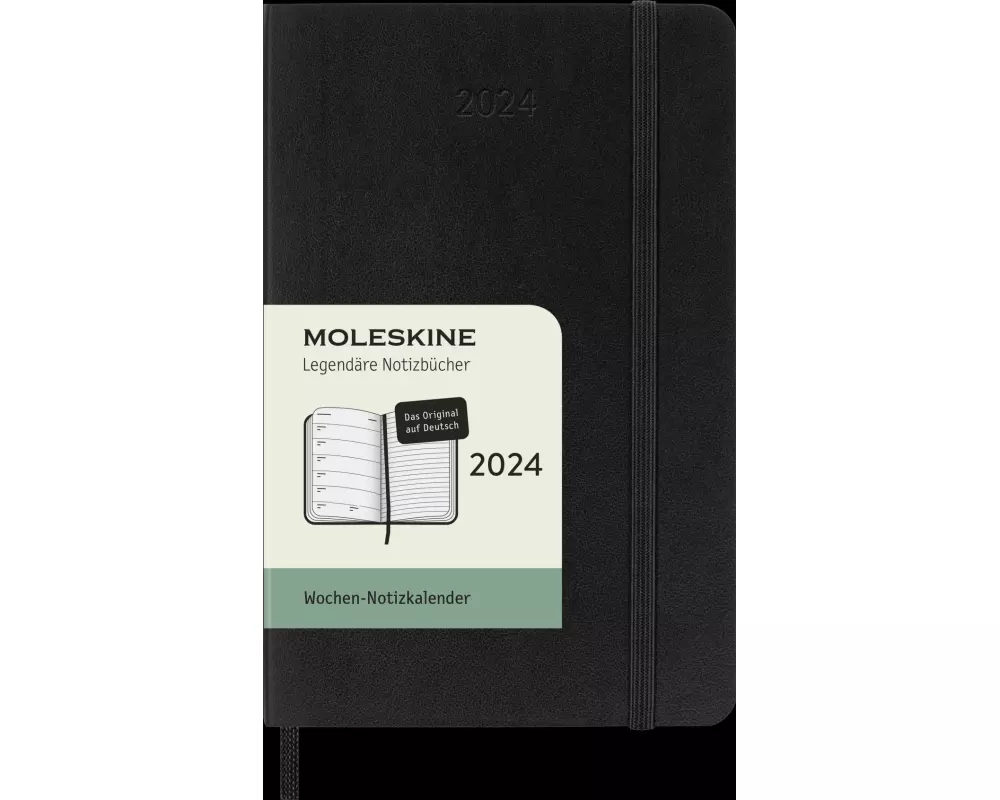 12 Monate Wochen Notizkalender Deutsch 2024 / Pocket/A6, rechts linierte Seite, Schwarz