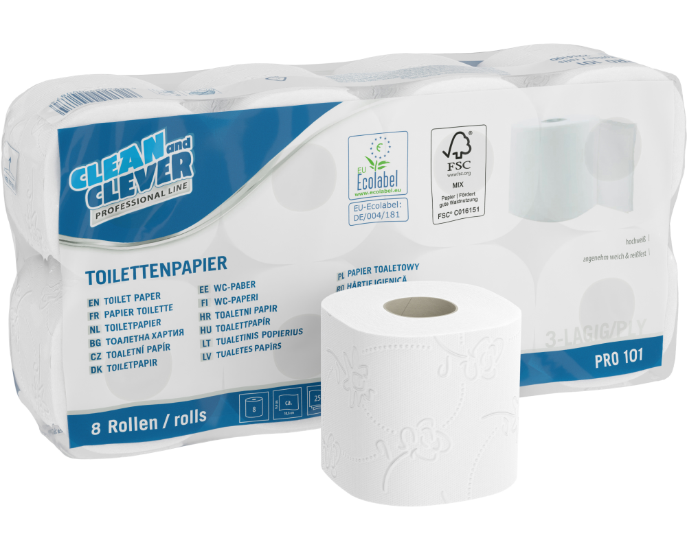 CLEAN AND CLEVER WC-Papier 3-lagig 9.4x11cm 40021 weiss PRO101 64 Rollen,250 Bl.