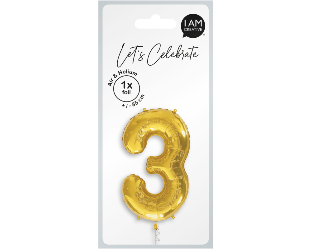 I AM CREATIVE Folienballon Zahl 3 85cm 1000-1048 gold