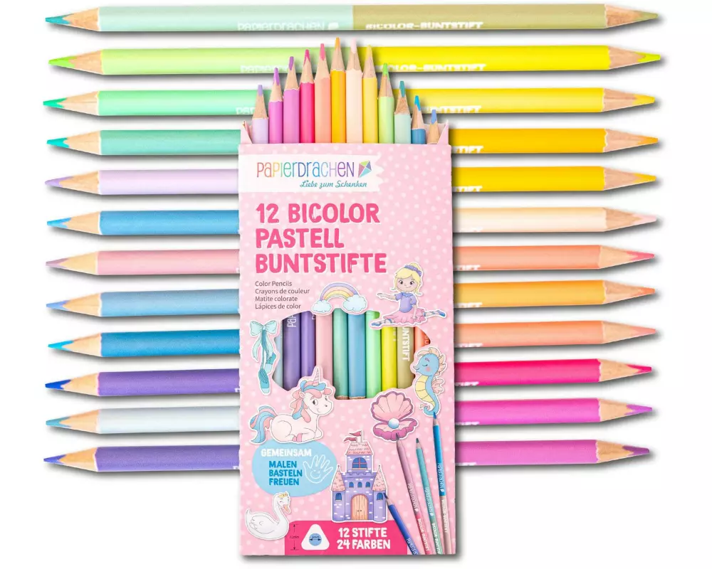 Papierdrachen Buntstifte 12 Stück, Bicolor, Pastell