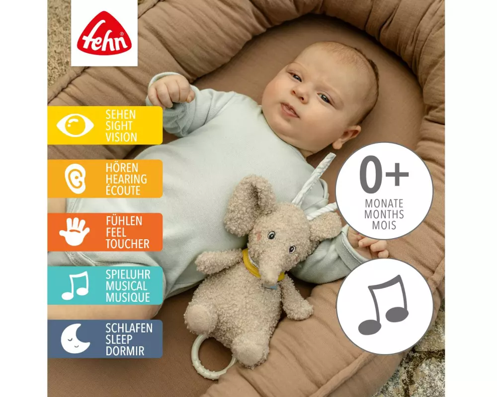 fehn Spieluhr Elefant, Plüsch, Beige, 20 cm