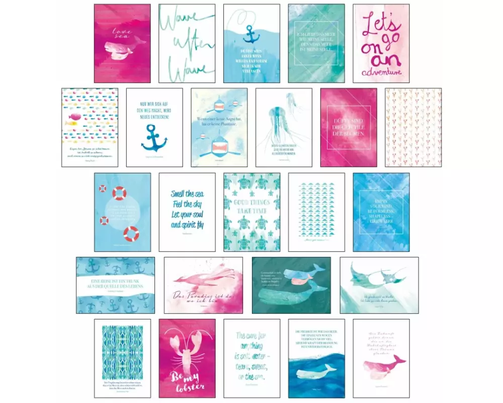 Postkarten Set "Sand & Sea" - 25 hochwertige Postkarten mit sommerlichen Motiven sowie inspirierenden und motivierenden Sprüchen & Zitaten zum Dekorie