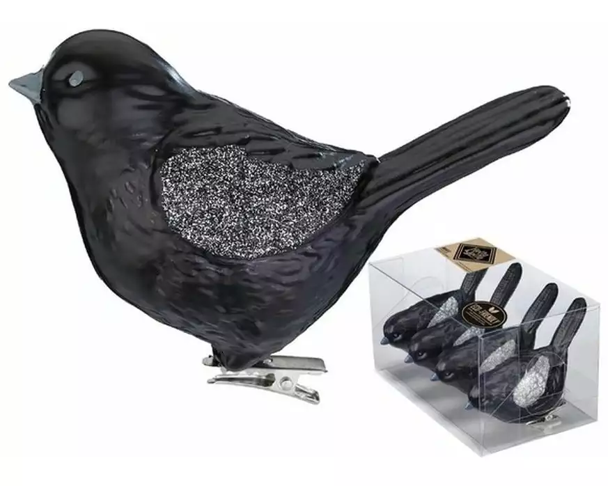 Holly & Jolly Weihnachtskugel Vogel Shellac Black 4 Stück, 8 cm