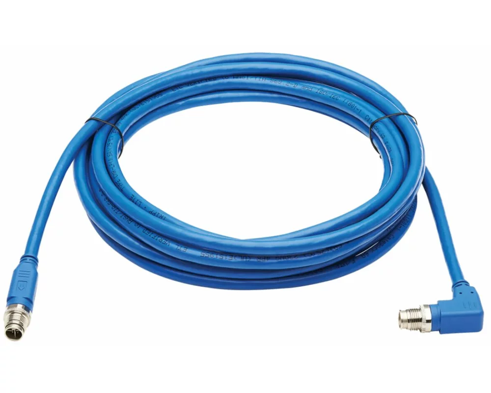 EATON TRIPPLITE M12, X-Code, Cat6a, 10G, F/UTP, CMR-LP, Shielded Ethernet Cable, Right-Angle, M/M, IP68, PoE, Blue, 5m 16.4 ft.