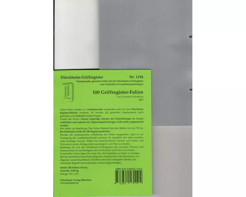 100 DürckheimRegister-FOLIEN für STEUERGESETZE u.a; zum Einheften und Unterteilen der Gesetzessammlungen
