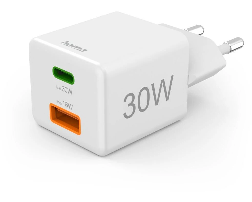 Hama USB-Wandladegerät Gan charger USB-A USB-C 30 W Weiss