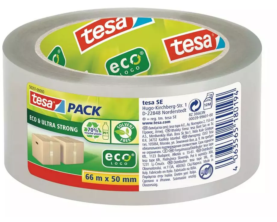 tesa Paketklebeband Eco & Ultra Strong, 50 mm x 66 m, Transparent