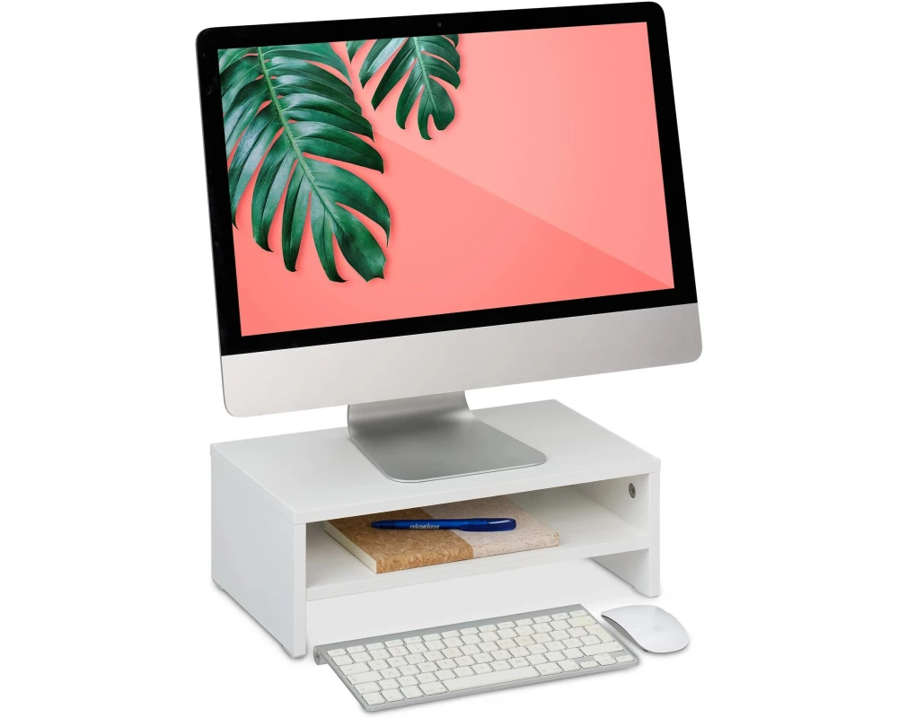 relaxdays Monitorständer mit Fach Weiss Weiss