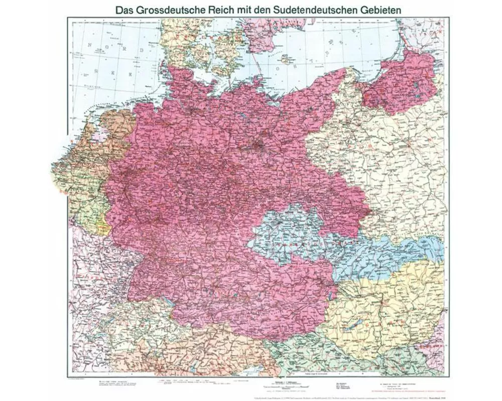 Historische Karte: Deutschland - Das Großdeutsche Reich mit dem Sudetendeutschen Gebieten, 1938 (plano)
