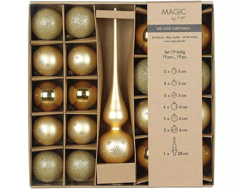 INGES CHRISTMAS DECOR Weihnachtskugel Set mit Baumspitze Gold 19 Stück