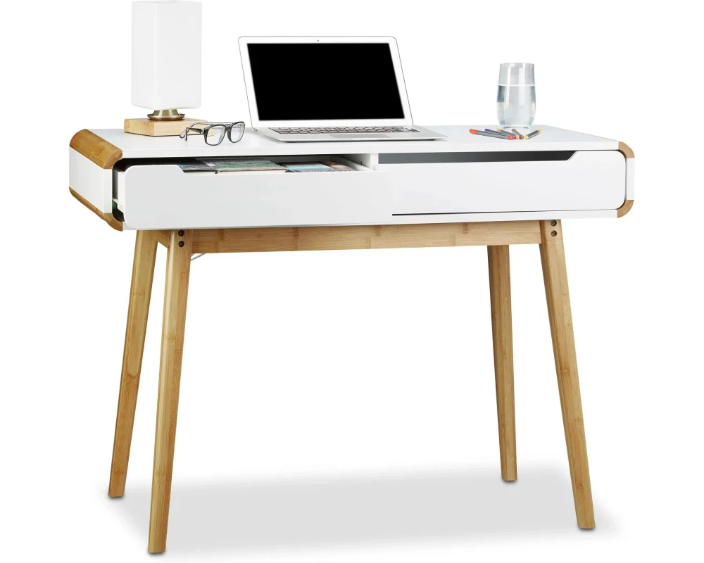 relaxdays Schreibtisch, Weiss-Hellbraun 73.5 x 100 x 45 cm