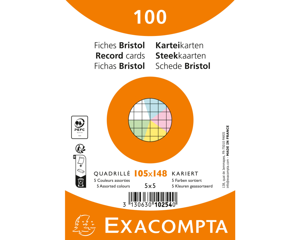 EXACOMPTA Karteikarten kariert A6 10254E farbig assortiert 100 Stück