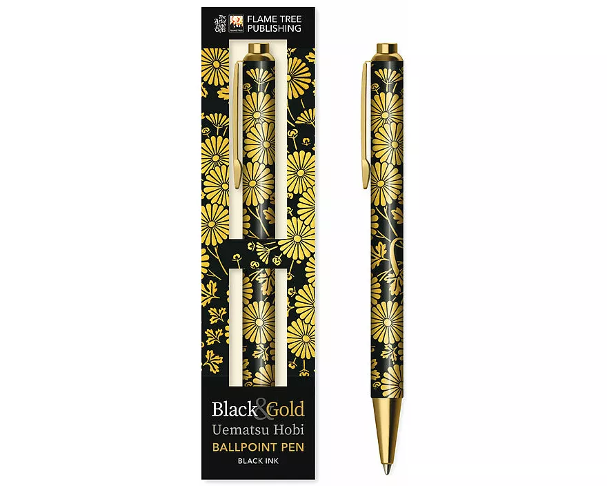 Uematsu Hobi: Black & Gold Chrysanthemums Boxed Decorative Ballpoint Pen