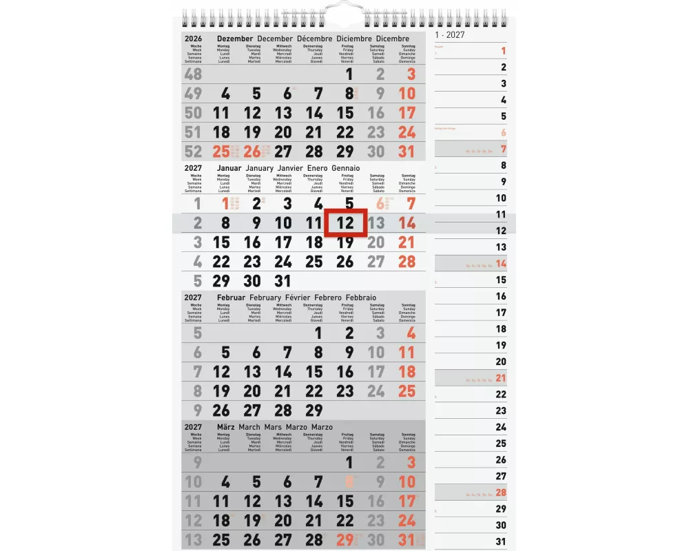 rido/idé 7033430007 4-Monatskalender 2027 grau, 300×490 mm