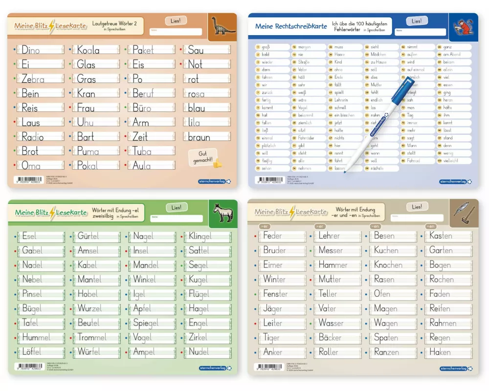 Meine Blitzlesekarten Set 2 zur Leseförderung (4 Lerntafeln mit Stift)