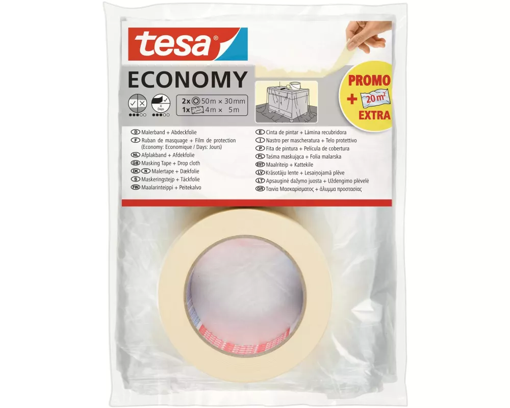 tesa Malerband ECONOMY 2x 50 m x 30 mm + Abdeckfolie