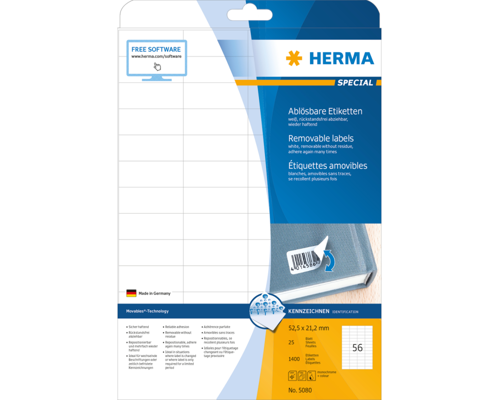 HERMA Etiketten SPECIAL 52.5x21.2mm 5080 weiss,non-perm. 1400 St./25Bl.
