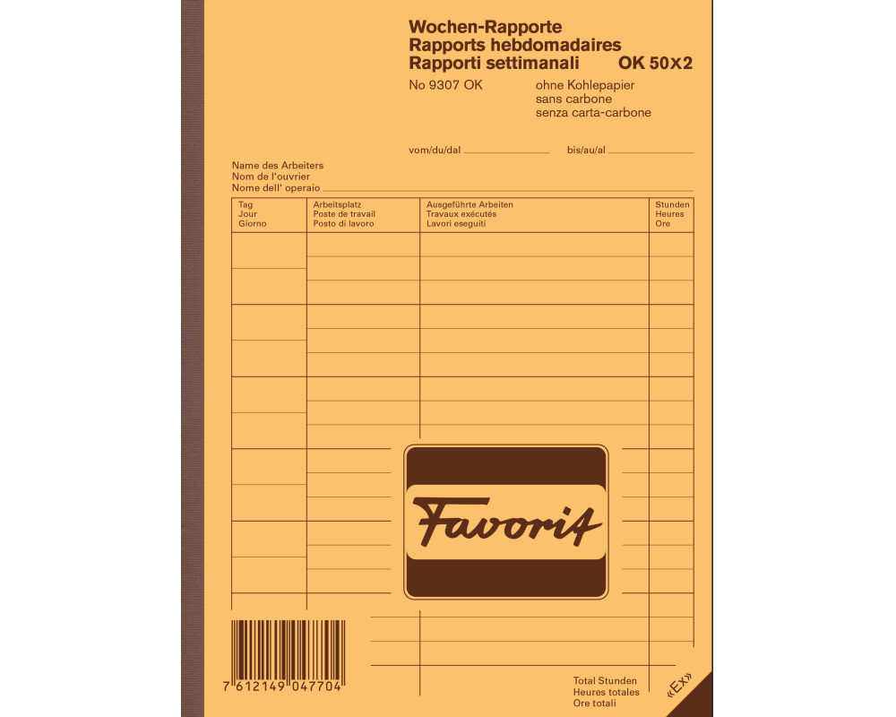 FAVORIT Wochen-Rapporte D/F/I A5 9307 OK Durchschreibepapier 50x2 Blatt