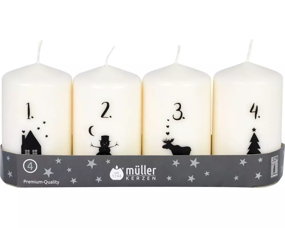 müller Kerzen Weihnachtskerze Weiss / Schwarz, 4 Stück