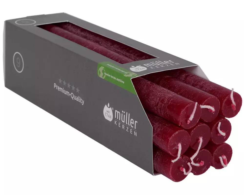 müller Kerzen Stabkerze Polar 25 cm x 2.2 cm, Weinrot, 9 Stück, Weinrot