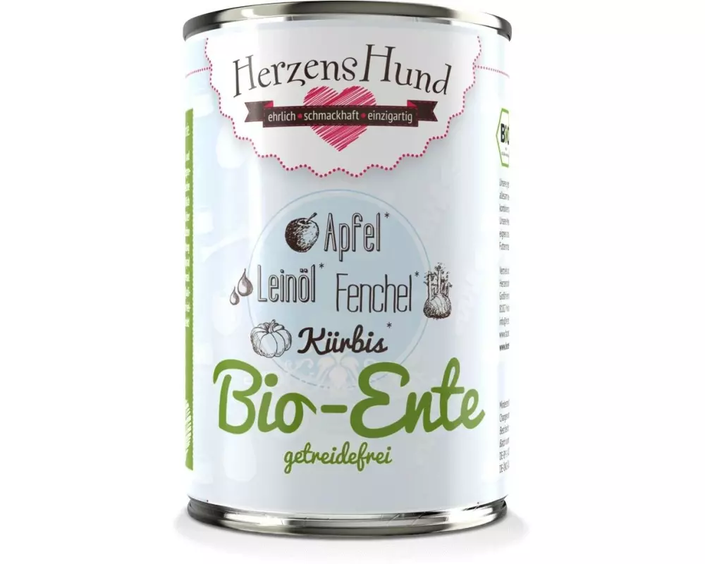 HerzensHund Nassfutter Getreidefrei Bio-Ente mit Bio-Gemüse, 400 g