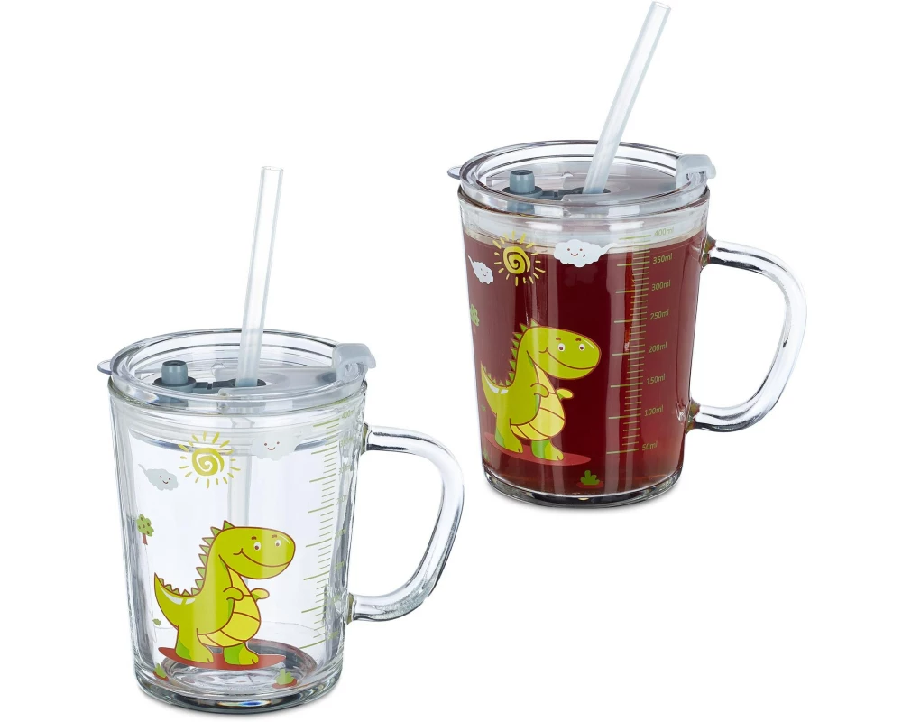 relaxdays Kindertrinkbecher Dino 400 ml 2er Set, Glas