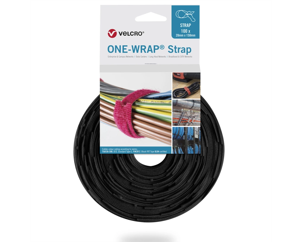 VELCRO One Wrap Strap 20mm x 150mm, 100 Stück, flammhemmend, schwarz
