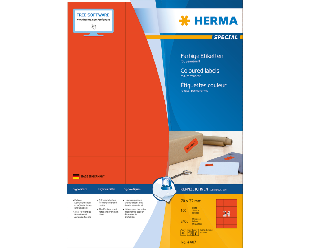 HERMA Etiketten SPECIAL 70x37mm 4407 rot,perm. 2400 St./100 Bl.