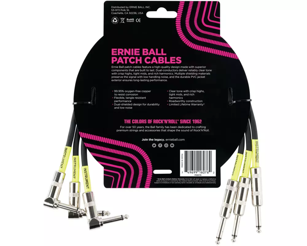 Ernie Ball Patch-Kabel 6076 3er Pack – 0.46 m, Schwarz