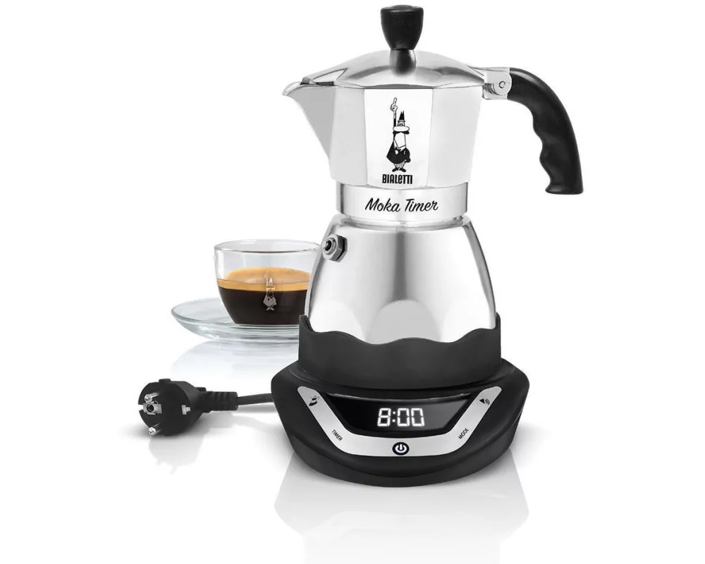 Bialetti Espressokocher Moka Timer 6 Tassen, Schwarz/Silber