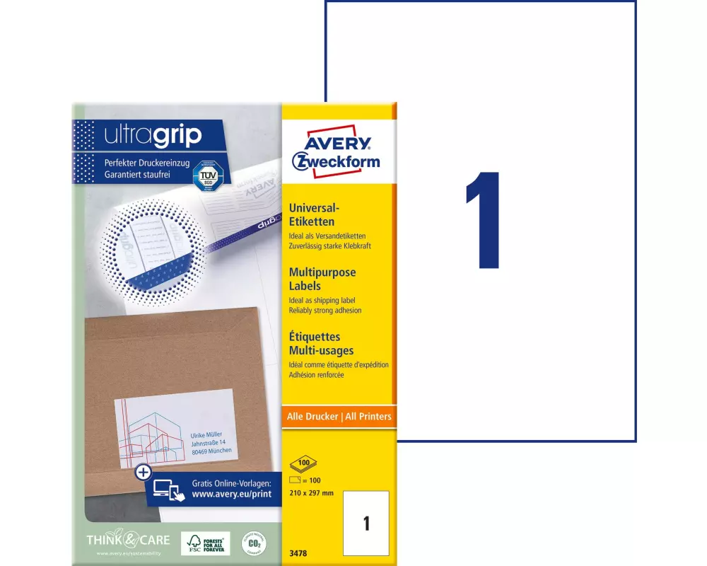 Avery Zweckform Universal-Etiketten 3478 210 x 297 mm, 100 Blatt