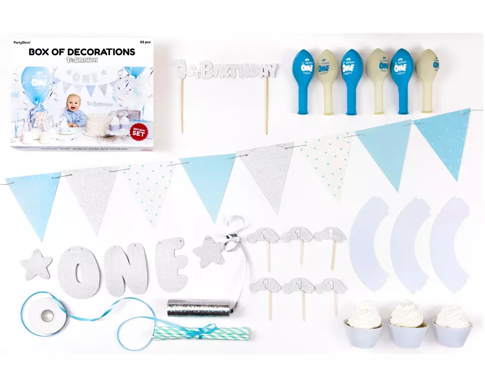 Partydeco Partyset 1st Birthday silber 9-teilig, Silber, Blau