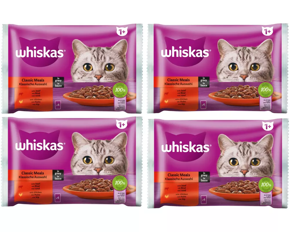 Whiskas Nassfutter Klassische Auswahl in Sauce 1+, 4 x 4 x 85 g